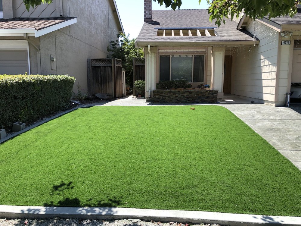 Artificial turf front yard installation